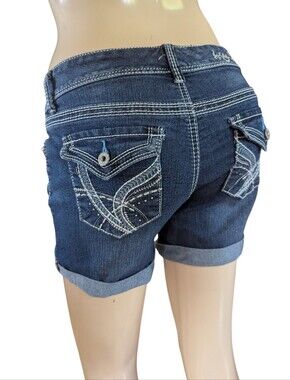Ariya Dark Blue Embroidered Cuffed Denim Shorts